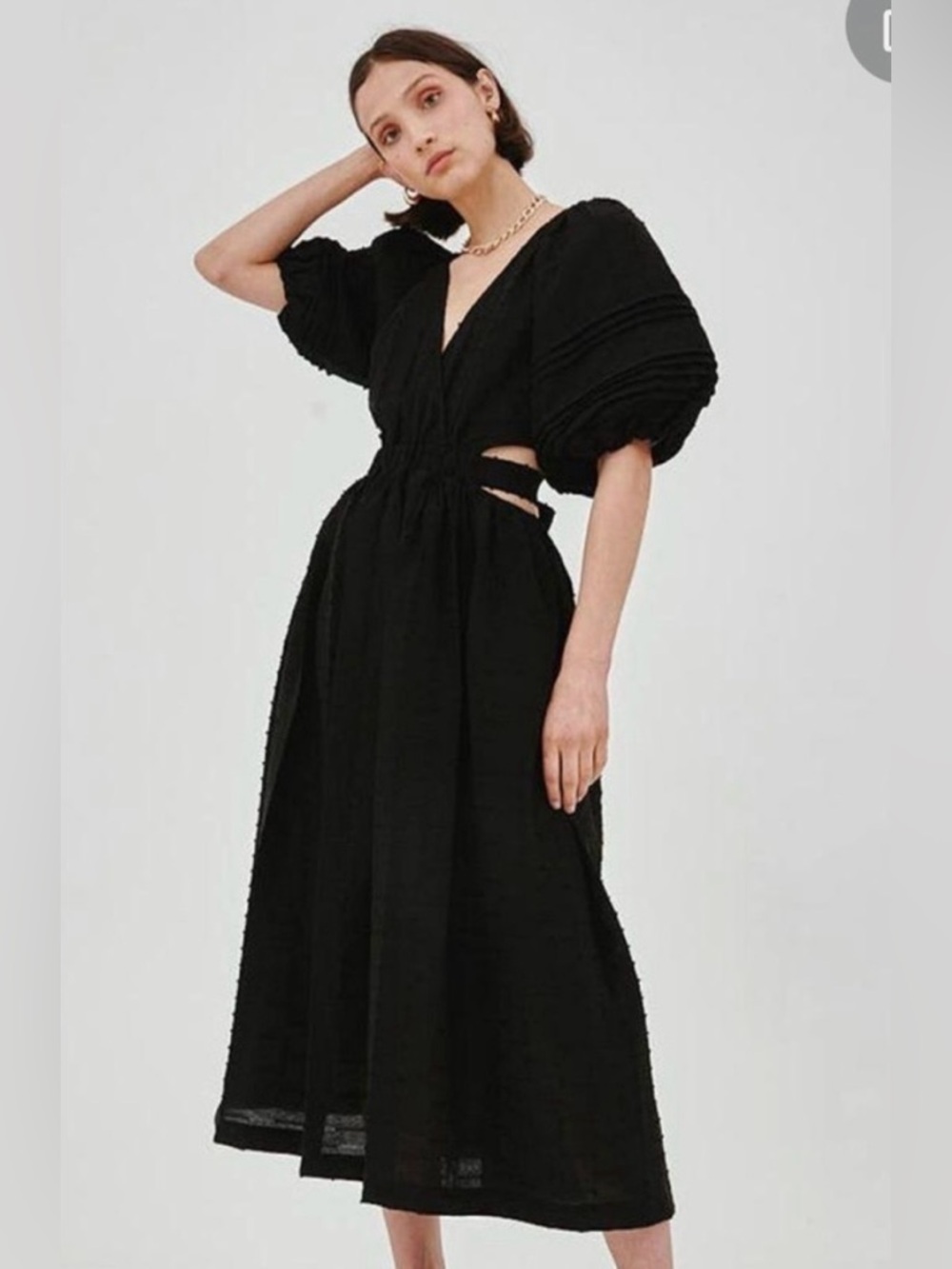 C/MEO Collective Black Puff-Sleeve Cutout Midi Dress